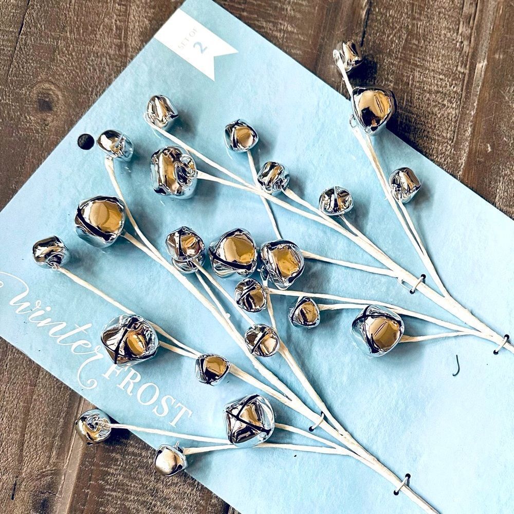 Christmas Holiday Silver Jingle Bells Floral Stems Set